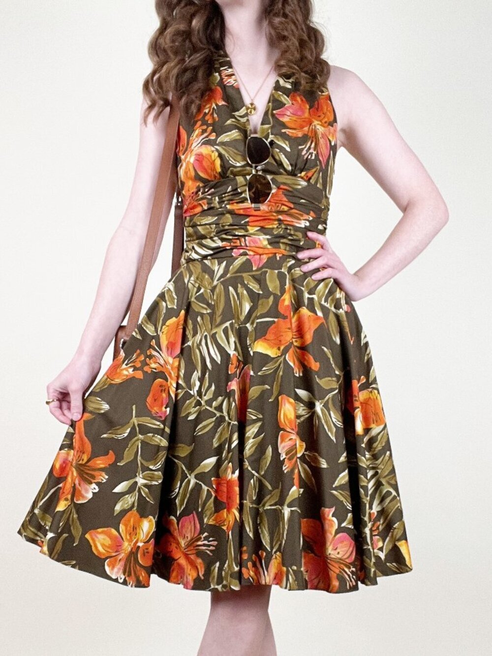 Vintage Fit & Flare A-line Midi Dress Floral Print 50s 60s MCM Mid Century Mod